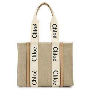 Chloe Woody tote bag linen blend brown calfskin trim